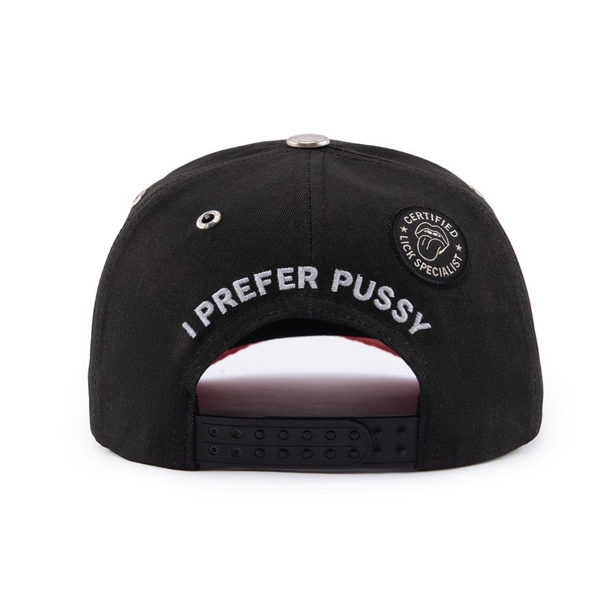 Black Goddess V3 back: I Prefer Pussy embroidery, round certified patch, silver top button and black snapback